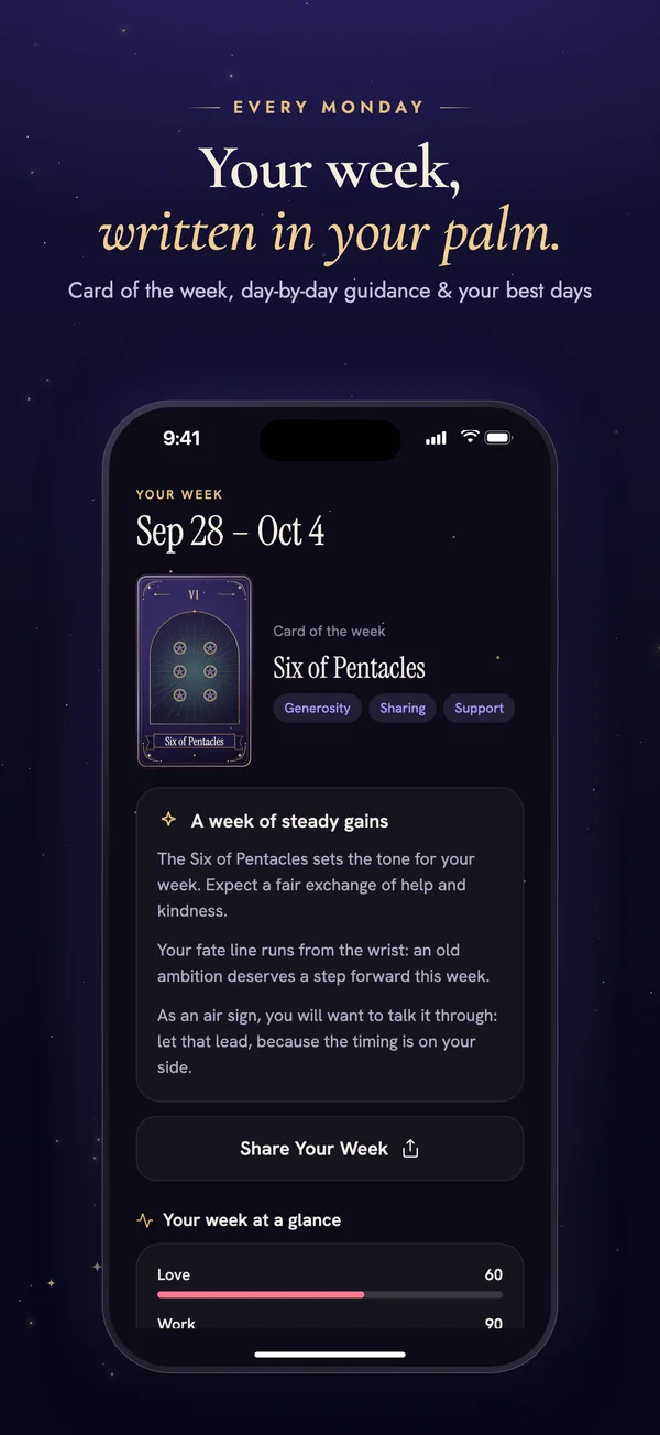 Your week, written in your palm: card of the week and day-by-day guidance