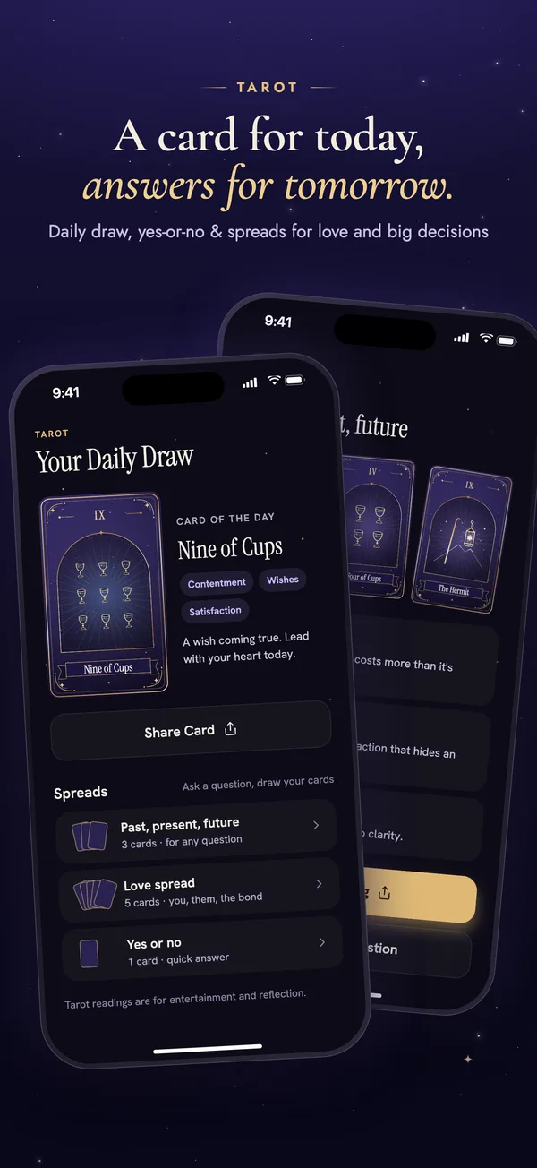 Tarot: daily card, yes-or-no answers and spreads